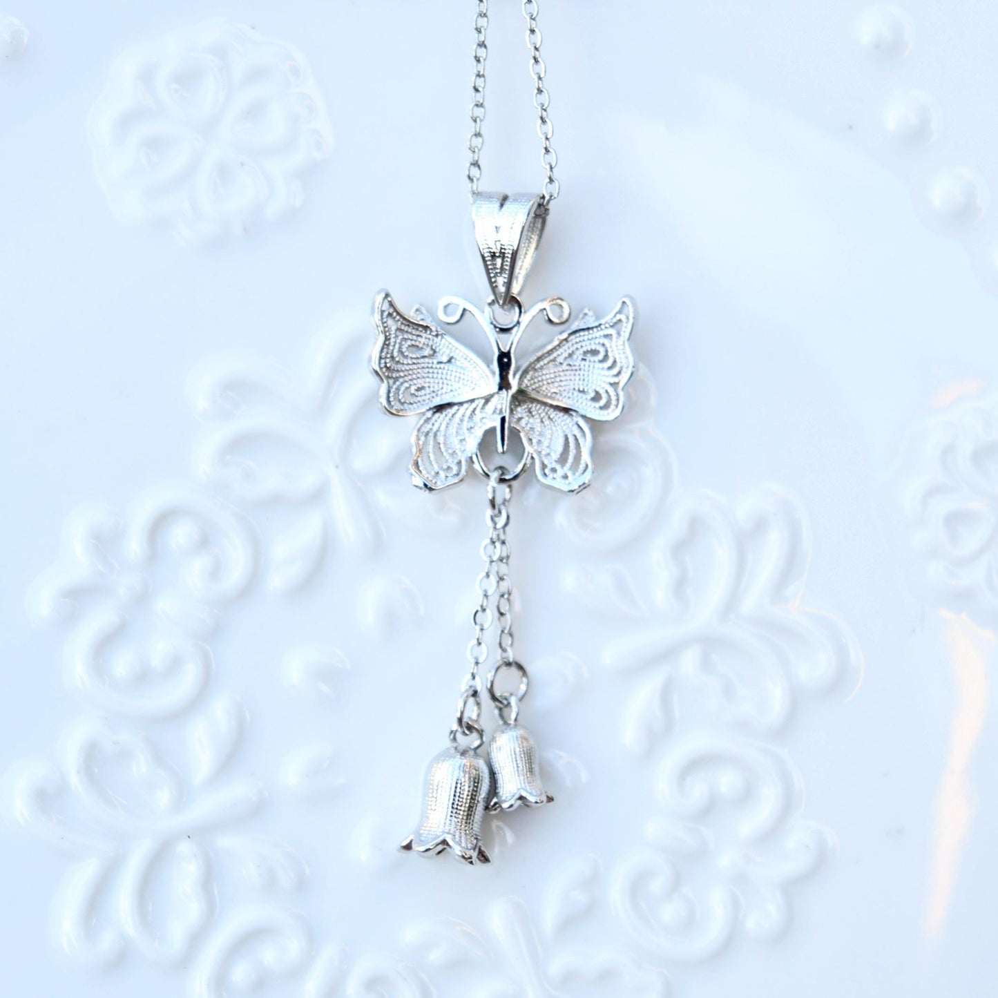 Butterfly Lily Charm Necklace - Stainless Steel Necklace