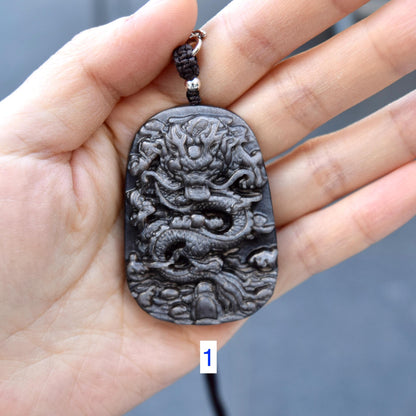 Silver Obsidian Dragon Pendant Necklace