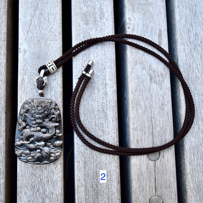 Silver Obsidian Dragon Pendant Necklace