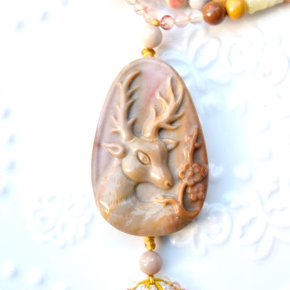 Jasper Flora Deer Pendant Tassel Necklace - Colorful Agate Necklace