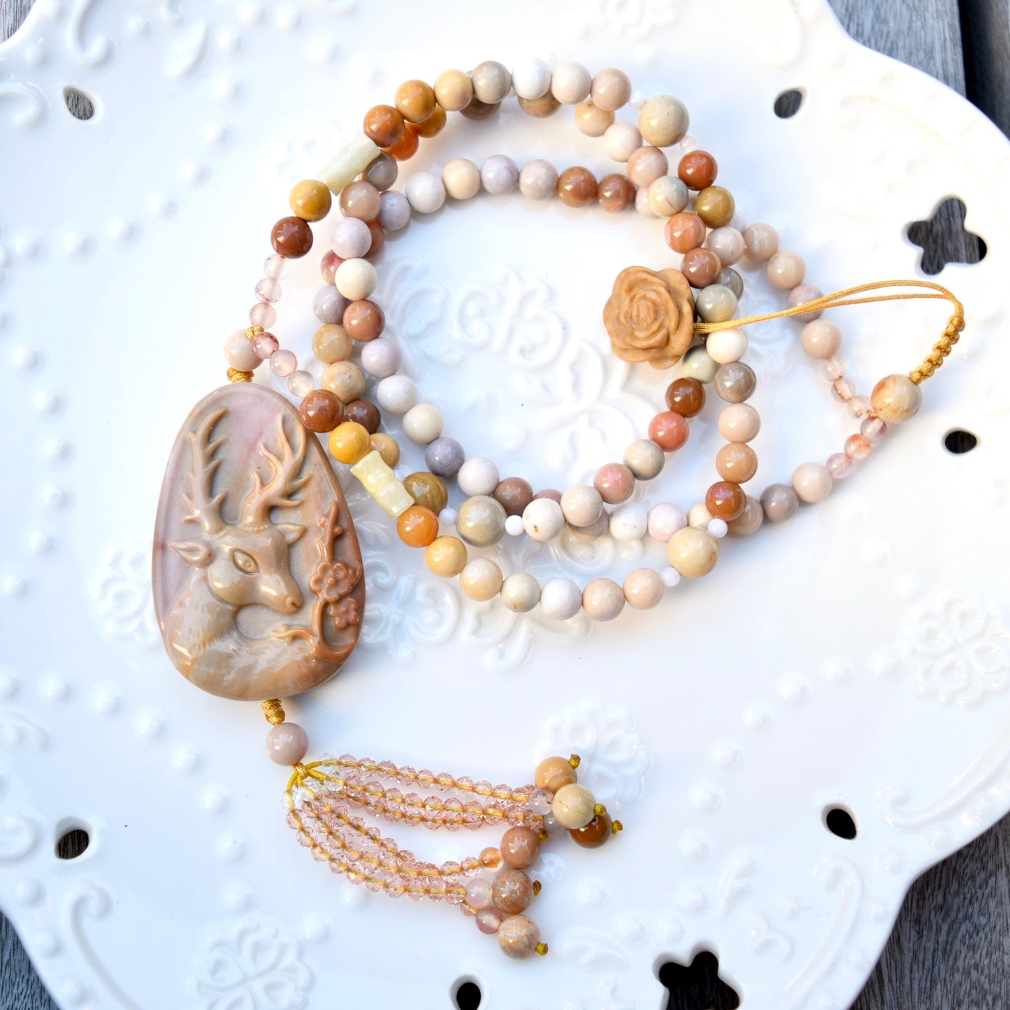 Jasper Flora Deer Pendant Tassel Necklace - Colorful Agate Necklace