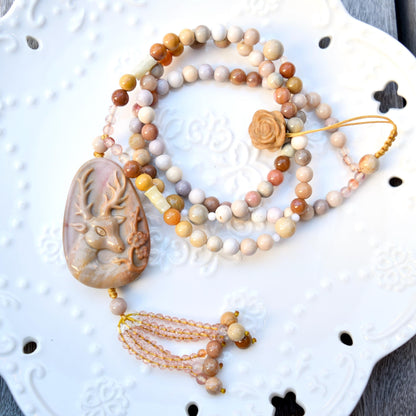 Jasper Flora Deer Pendant Tassel Necklace - Colorful Agate Necklace