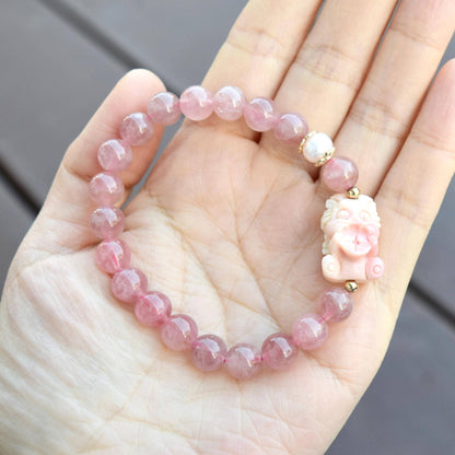 Coin Loin Charm Bracelet  - Conch Shell Rose Quartz Beads