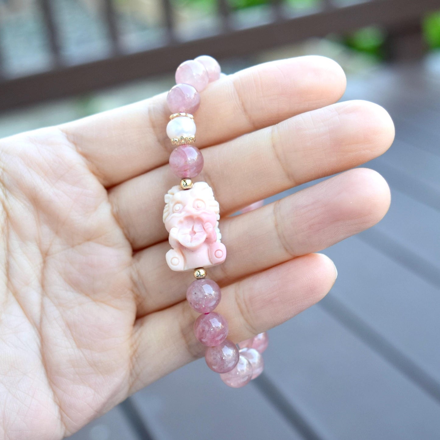 Coin Loin Charm Bracelet  - Conch Shell Rose Quartz Beads