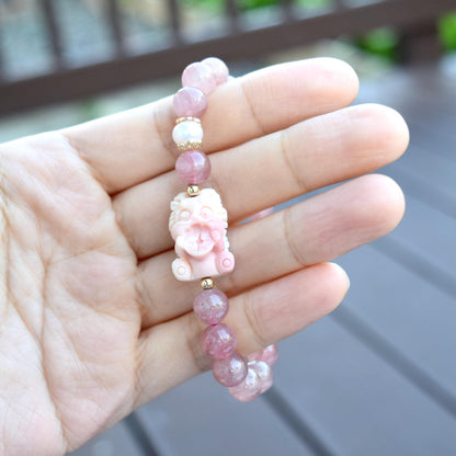 Coin Loin Charm Bracelet  - Conch Shell Rose Quartz Beads