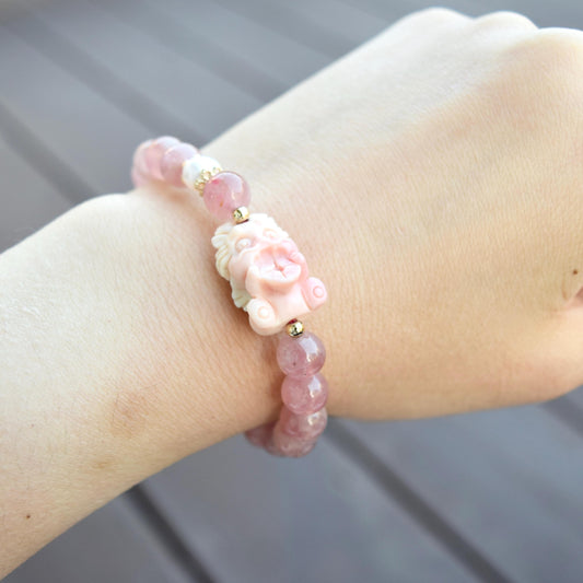 Coin Loin Charm Bracelet  - Conch Shell Rose Quartz Beads