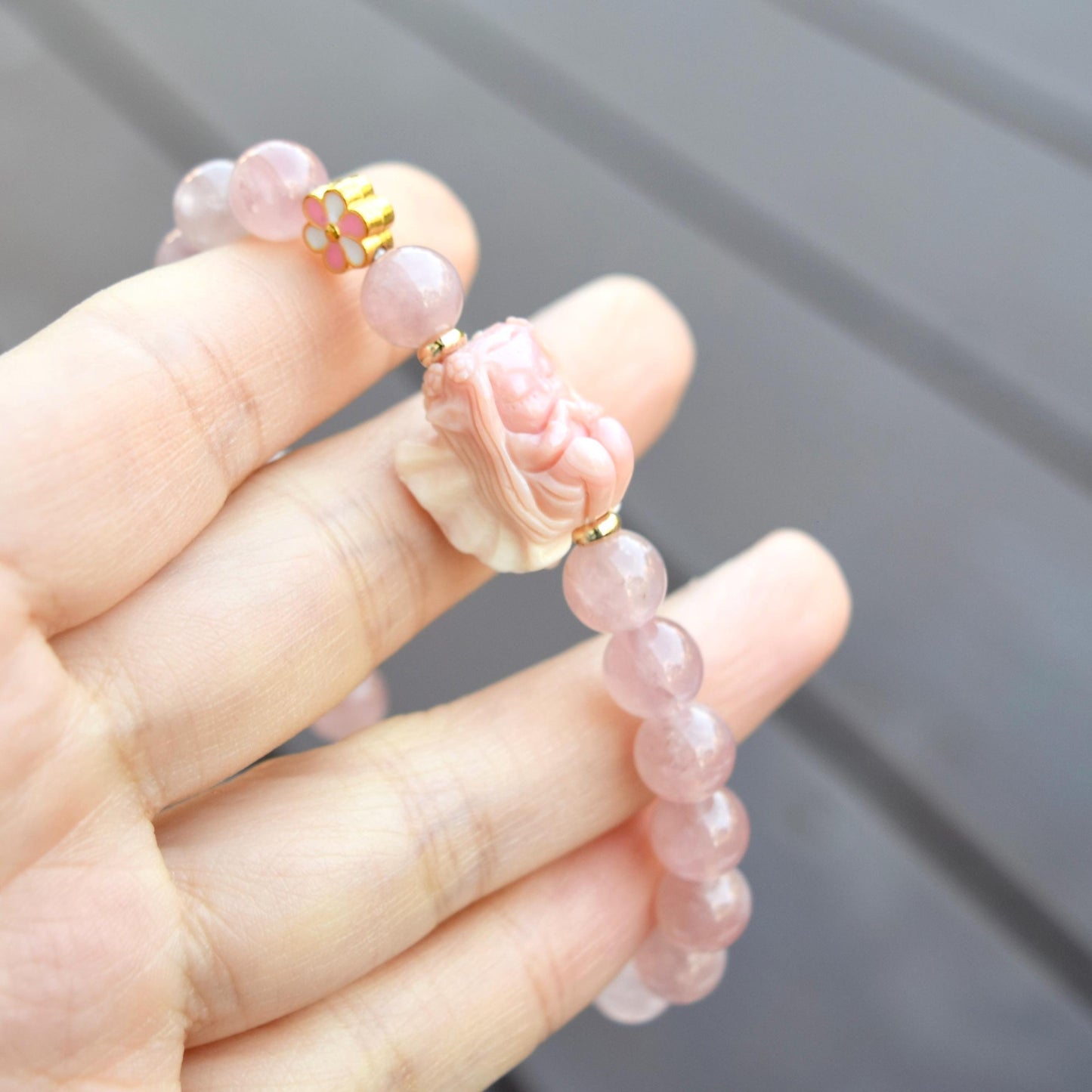 Flower Fairy Charm Bracelet  - Conch Shell Rose Quartz Beads