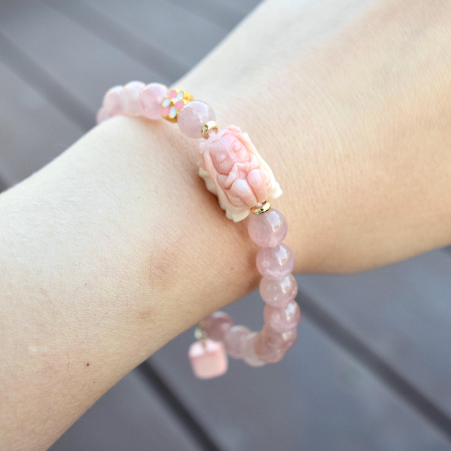 Flower Fairy Charm Bracelet  - Conch Shell Rose Quartz Beads