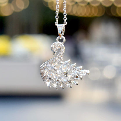 Silver White Crystal Charm Necklace: Perfume Bottle Swan Clover