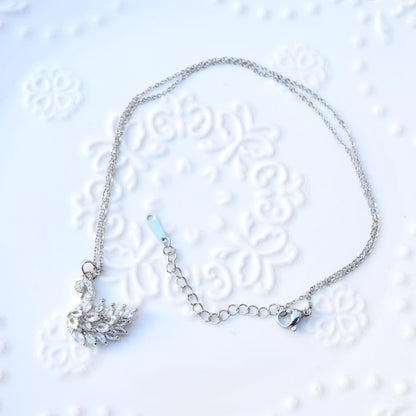 Silver White Crystal Charm Necklace: Perfume Bottle Swan Clover