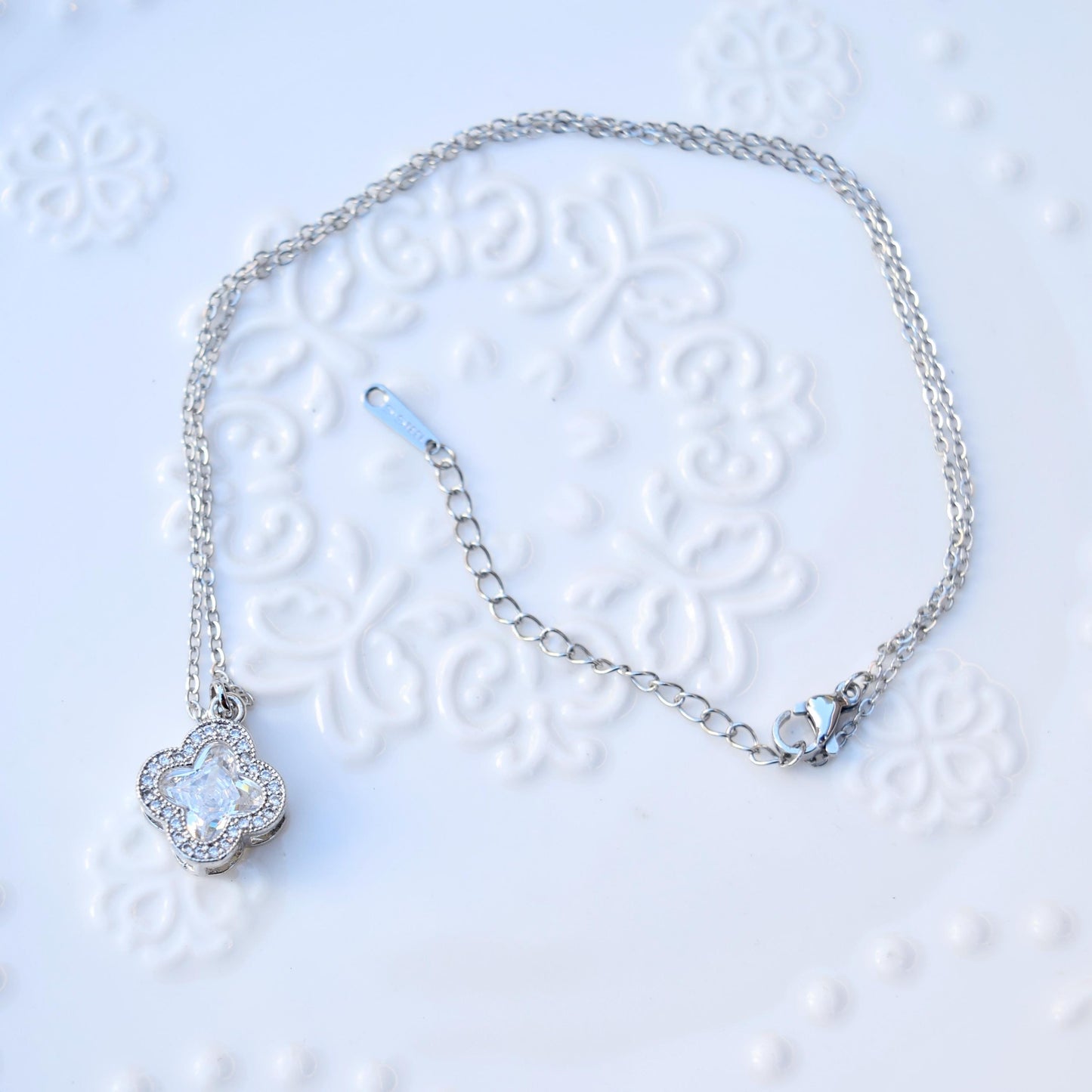 Silver White Crystal Charm Necklace: Perfume Bottle Swan Clover