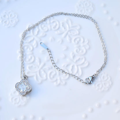 Silver White Crystal Charm Necklace: Perfume Bottle Swan Clover