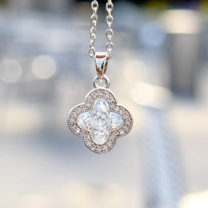 Silver White Crystal Charm Necklace: Perfume Bottle Swan Clover