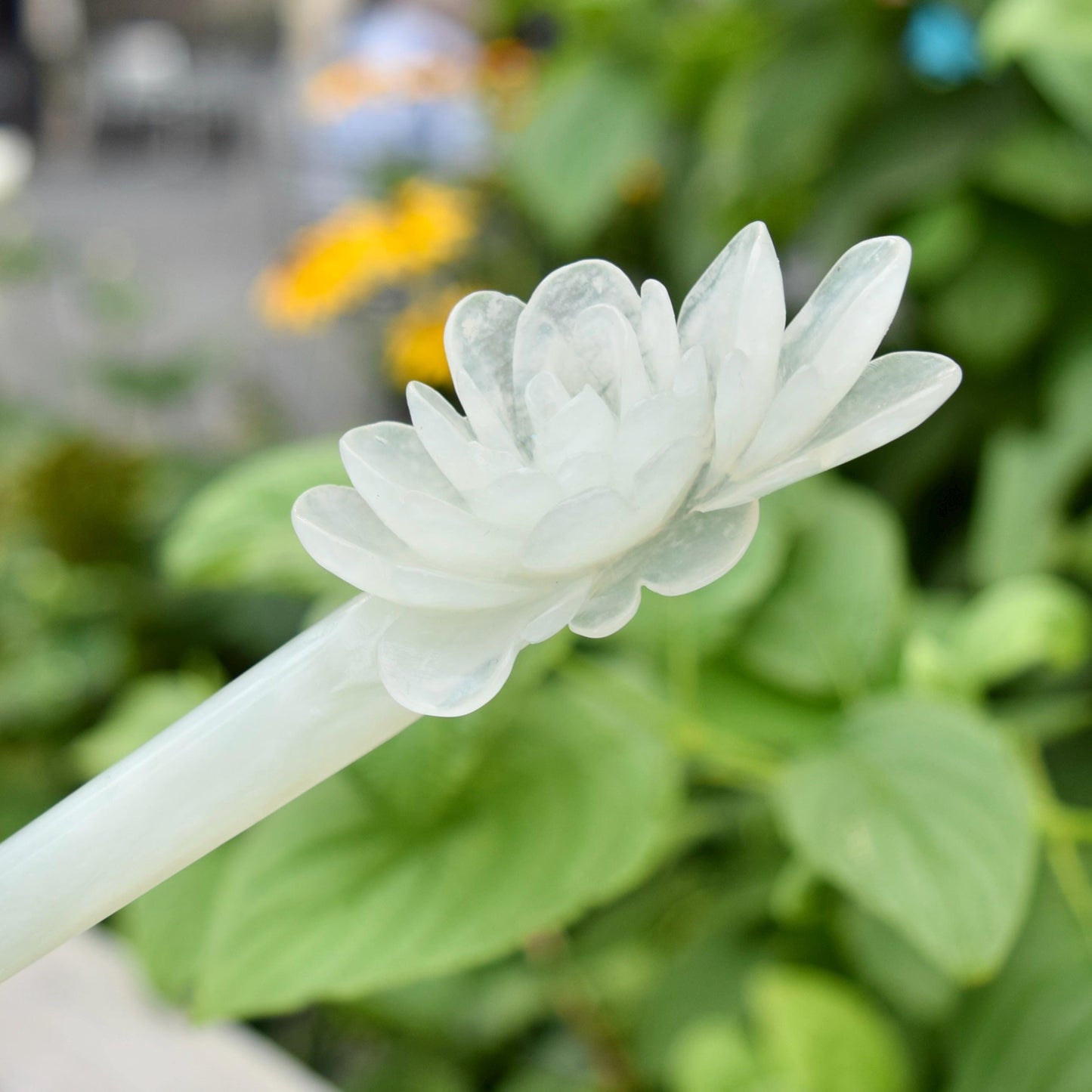 White Peony Carved Hairpin - Serpentine Jade Hair Stick