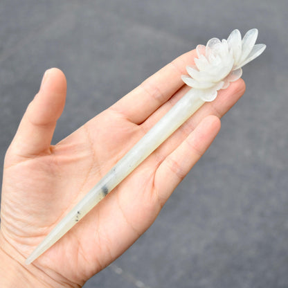 White Peony Carved Hairpin - Serpentine Jade Hair Stick