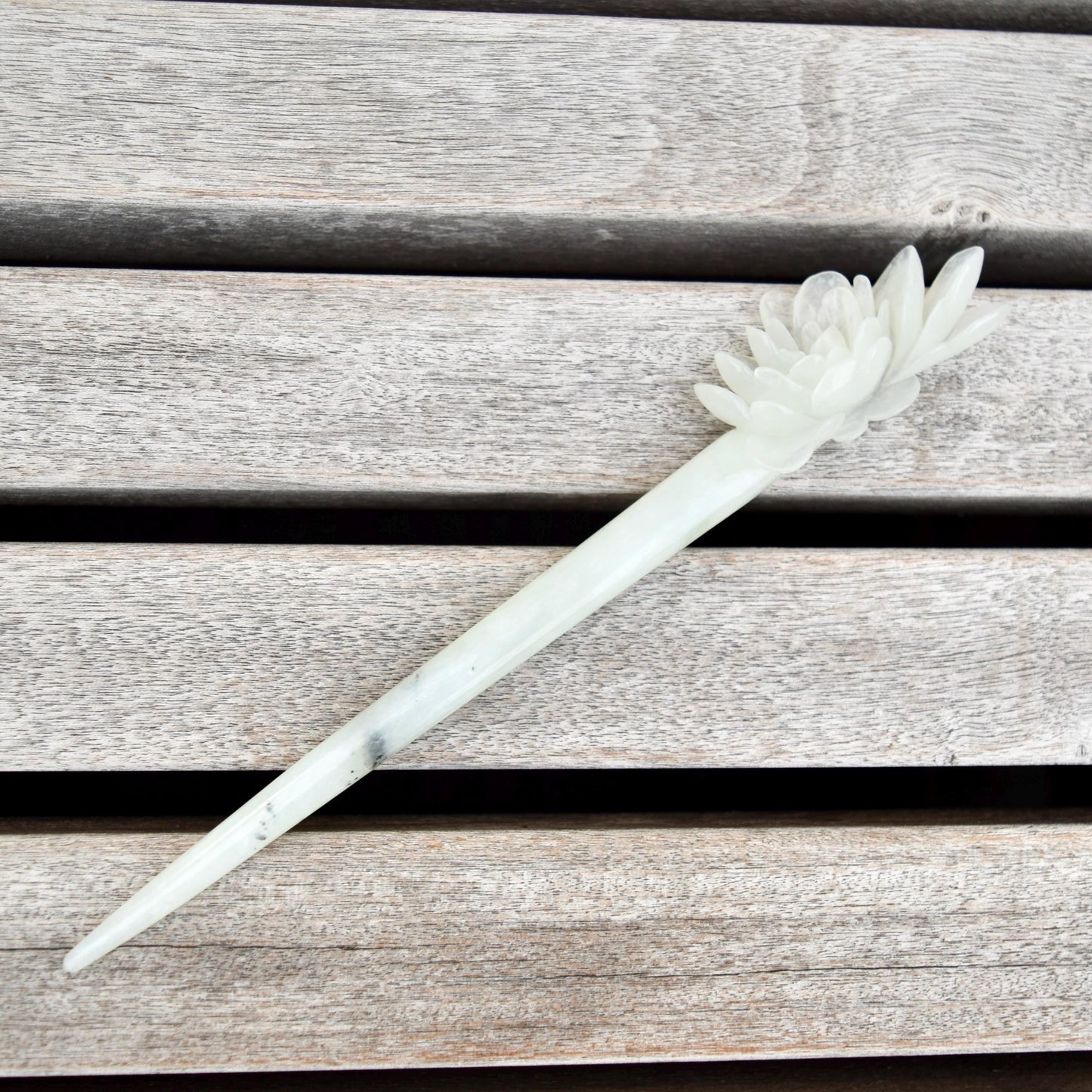 White Peony Carved Hairpin - Serpentine Jade Hair Stick