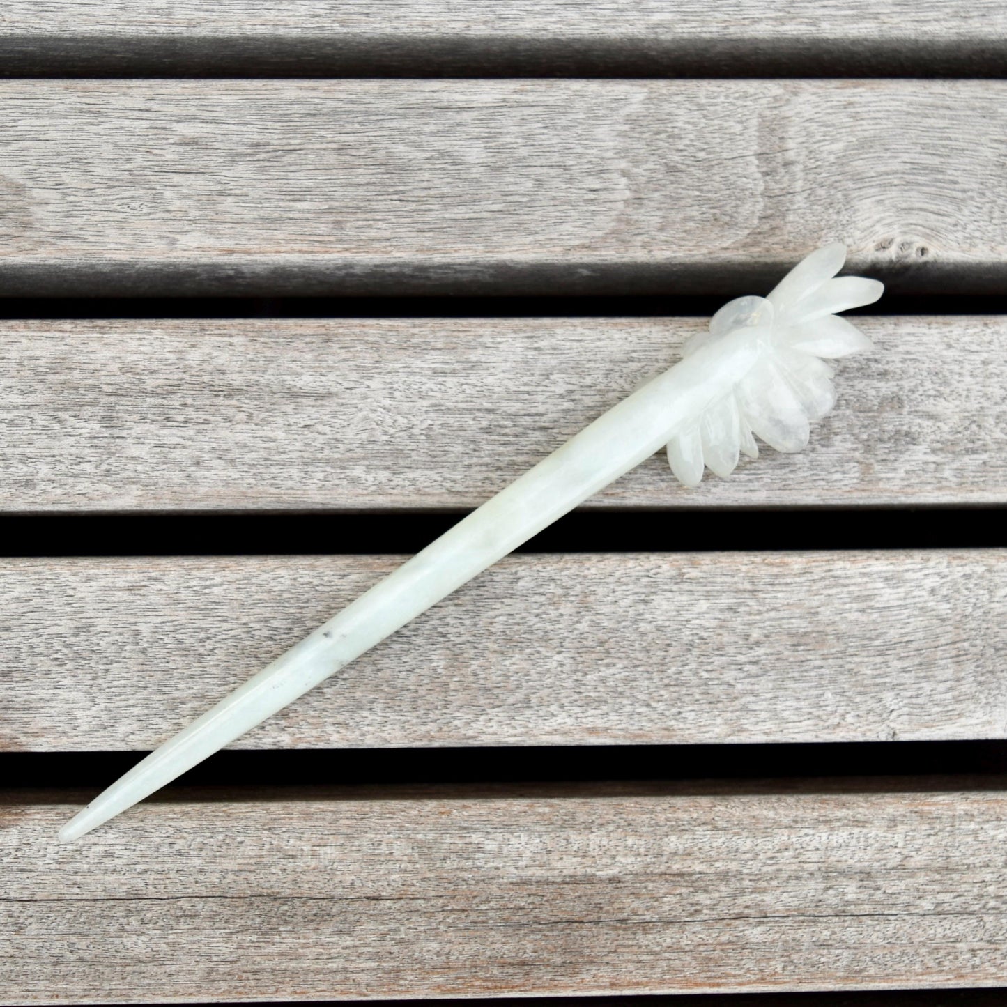 White Peony Carved Hairpin - Serpentine Jade Hair Stick