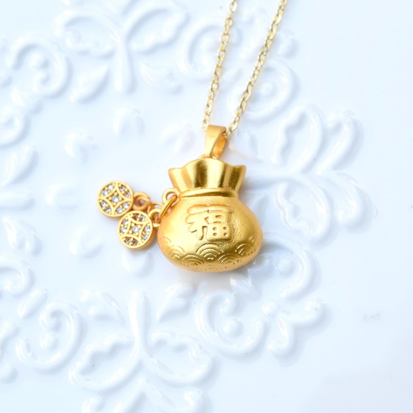 Chinese Fortune Bag Apple Charm Necklace - Stainless Steel Necklace