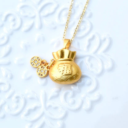 Chinese Fortune Bag Apple Charm Necklace - Stainless Steel Necklace