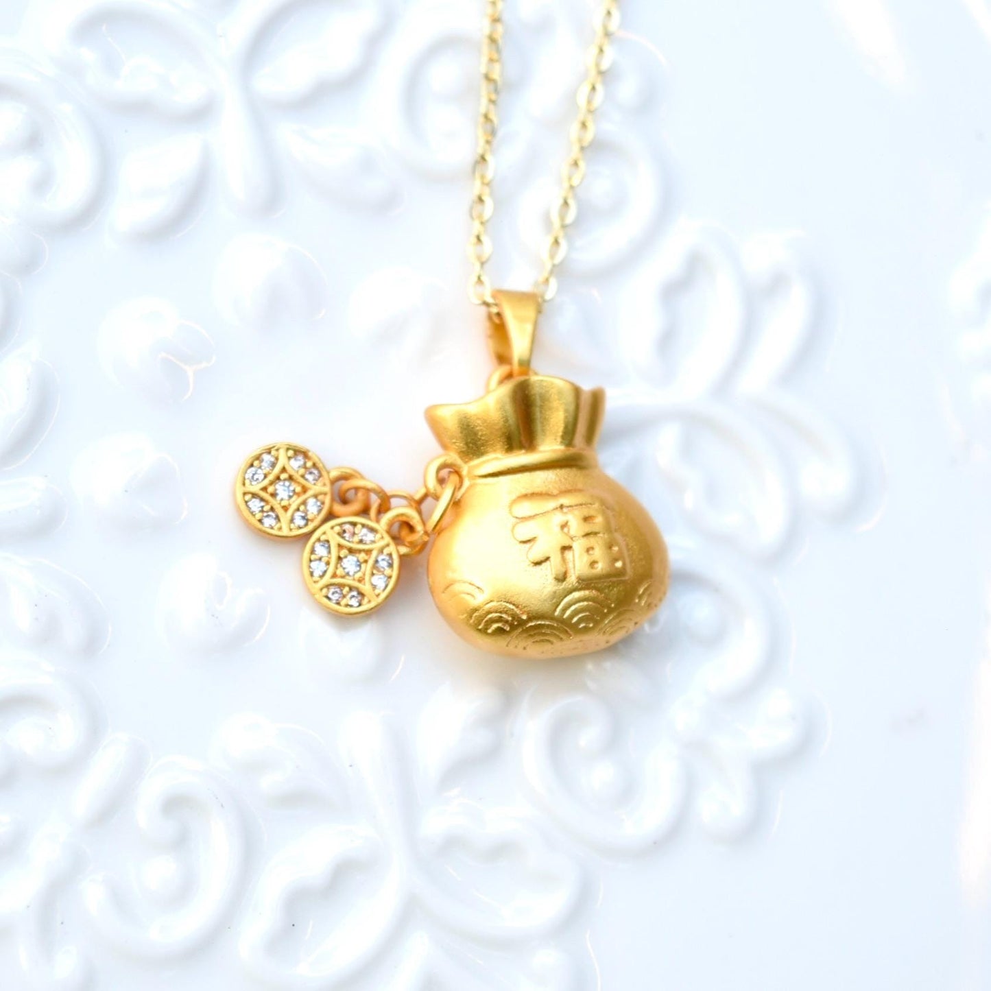 Chinese Fortune Bag Apple Charm Necklace - Stainless Steel Necklace