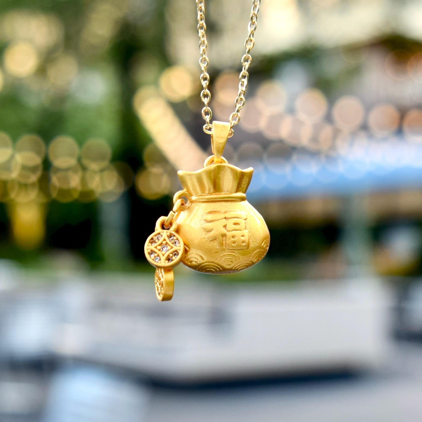 Chinese Fortune Bag Apple Charm Necklace - Stainless Steel Necklace