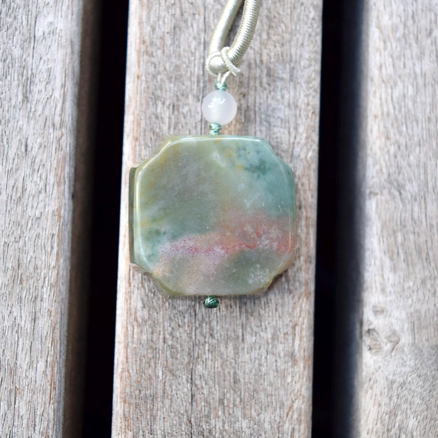 Rabbit Moon Pendant Rope Necklace - Ocean Jasper