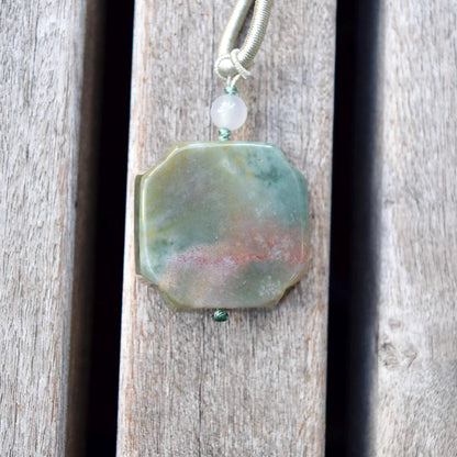 Rabbit Moon Pendant Rope Necklace - Ocean Jasper