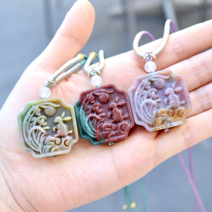 Rabbit Moon Pendant Rope Necklace - Ocean Jasper