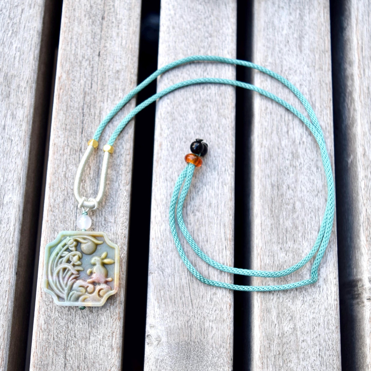 Rabbit Moon Pendant Rope Necklace - Ocean Jasper