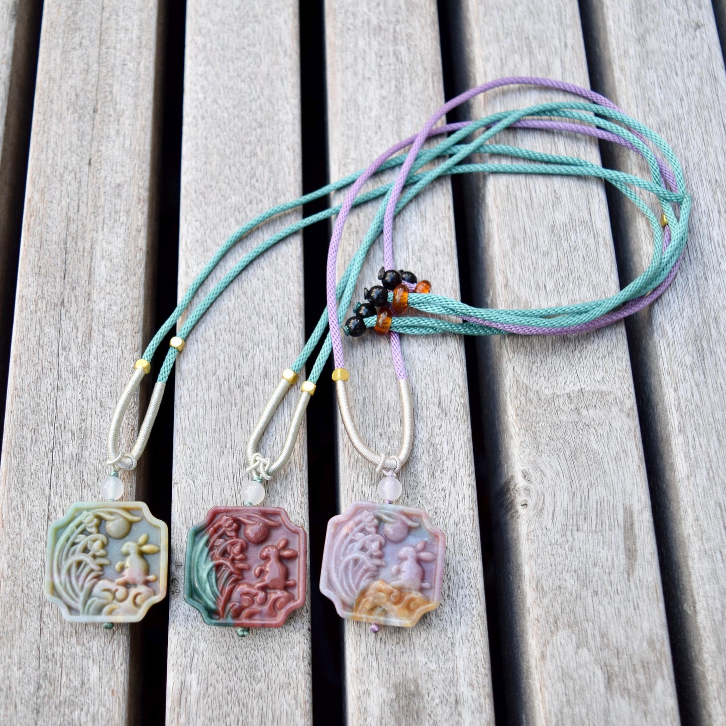 Rabbit Moon Pendant Rope Necklace - Ocean Jasper