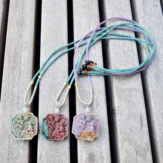 Rabbit Moon Pendant Rope Necklace - Ocean Jasper