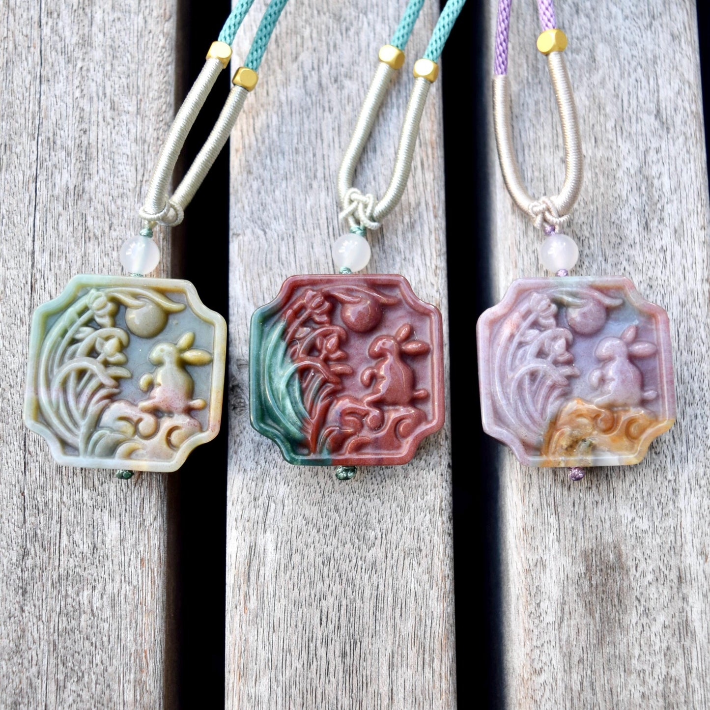 Rabbit Moon Pendant Rope Necklace - Ocean Jasper