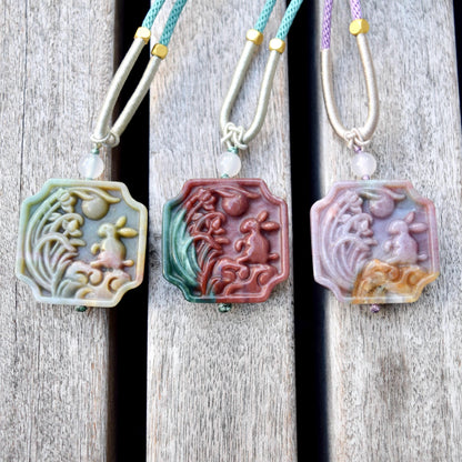 Rabbit Moon Pendant Rope Necklace - Ocean Jasper