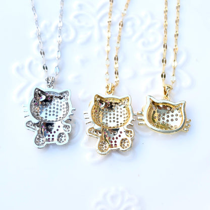 Crystal Kitty Cat Charm Golden Necklace - Sweet Style