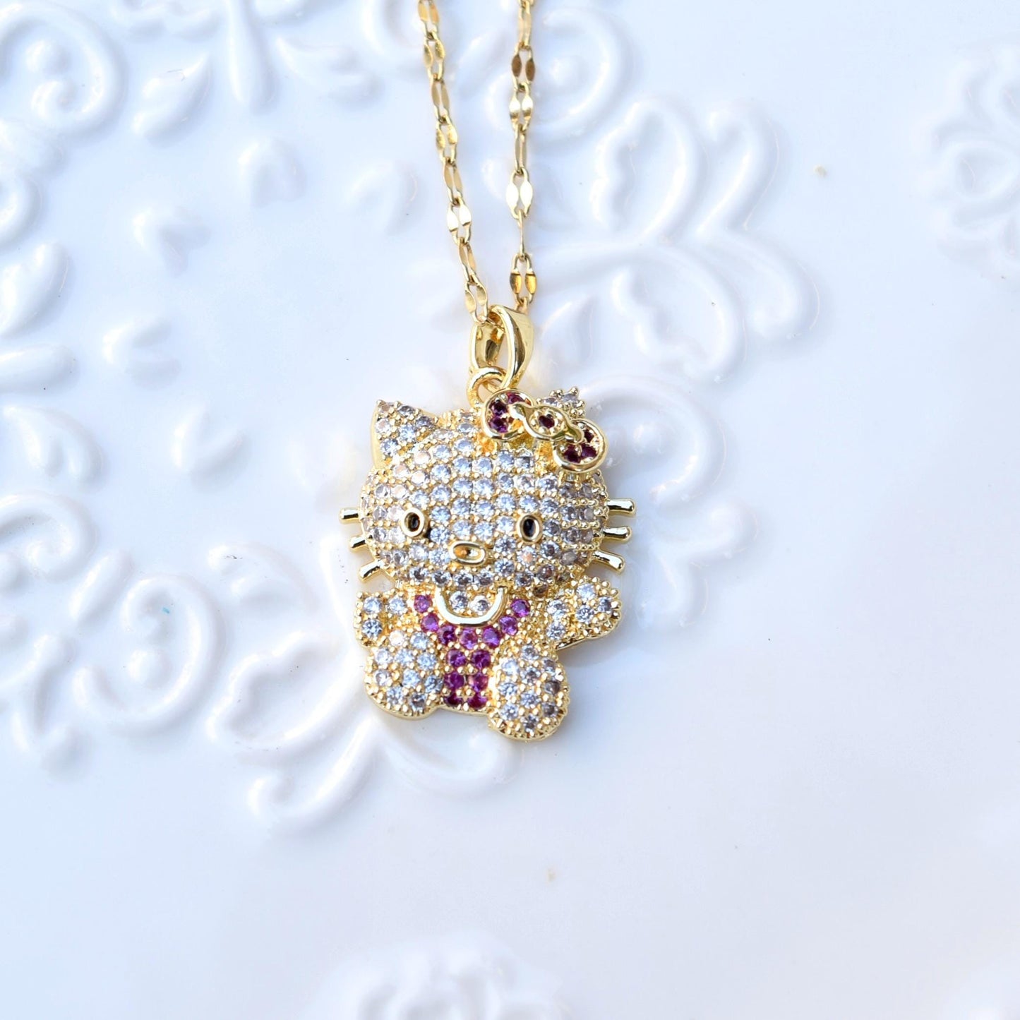 Crystal Kitty Cat Charm Golden Necklace - Sweet Style