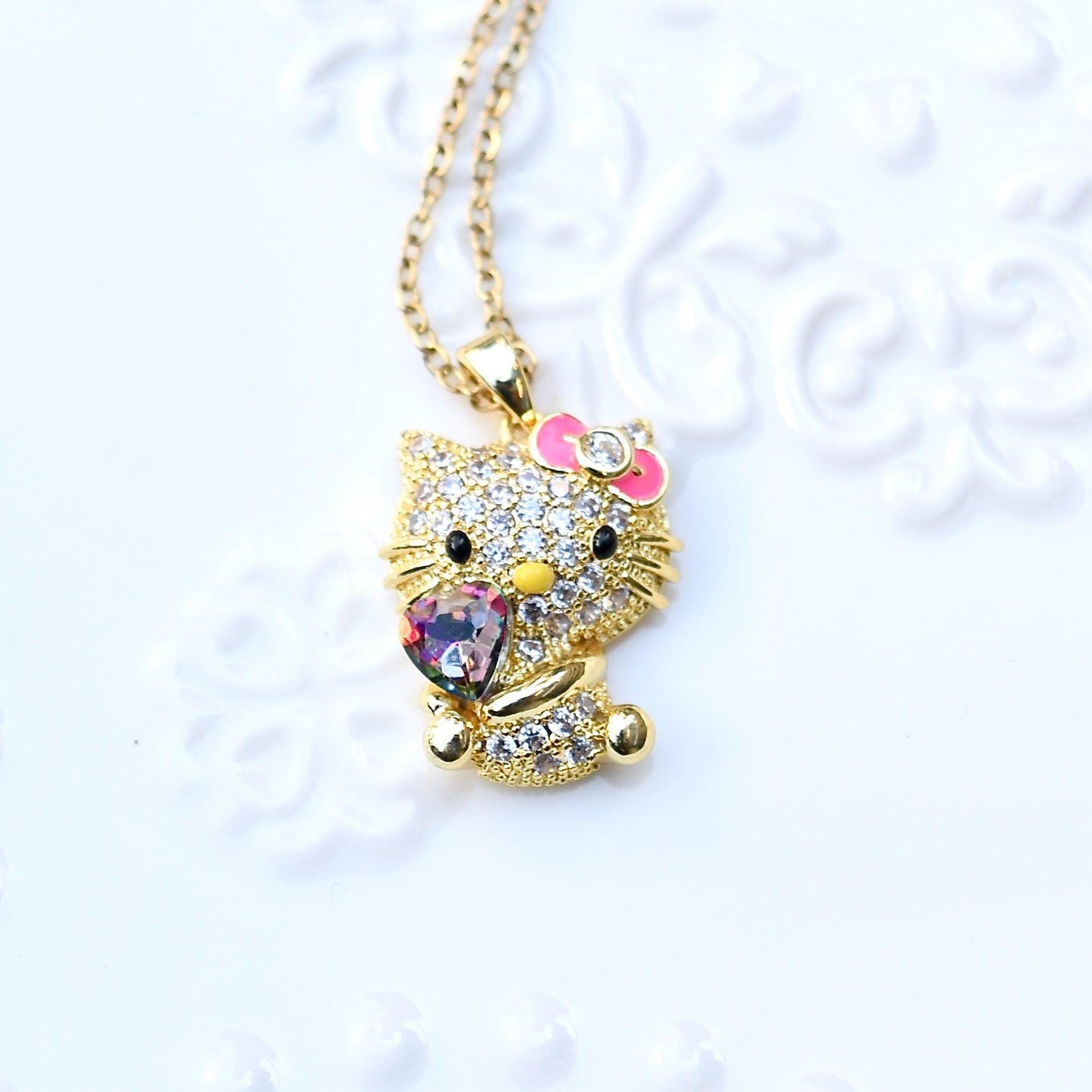Crystal Kitty Cat Charm Golden Necklace - Sweet Style