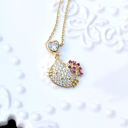 Crystal Kitty Cat Charm Golden Necklace - Sweet Style