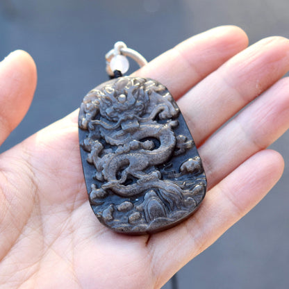 Obsidian Black Silver Dragon Pendant Necklace