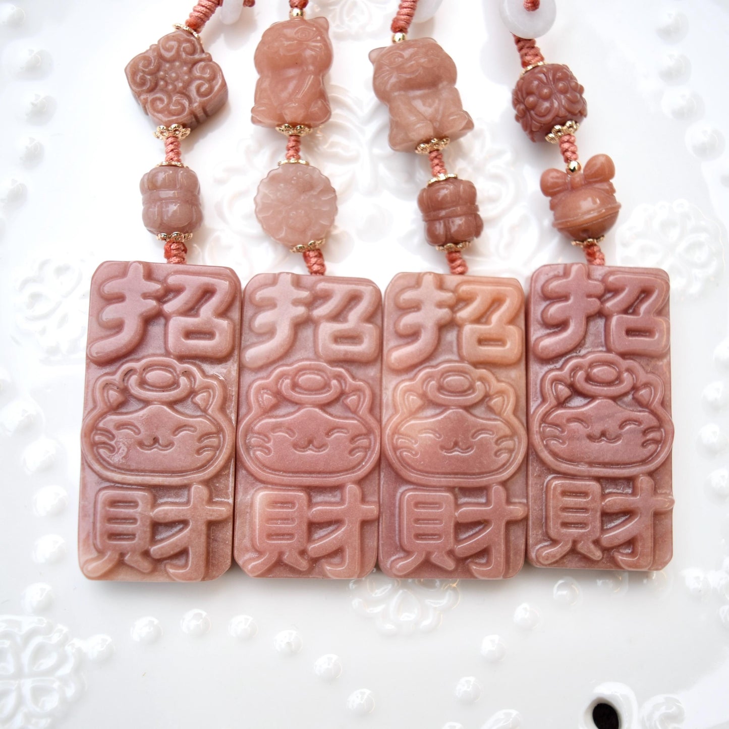 Lucky Cat Ornament - Pink Jade Bag Charm Keychain