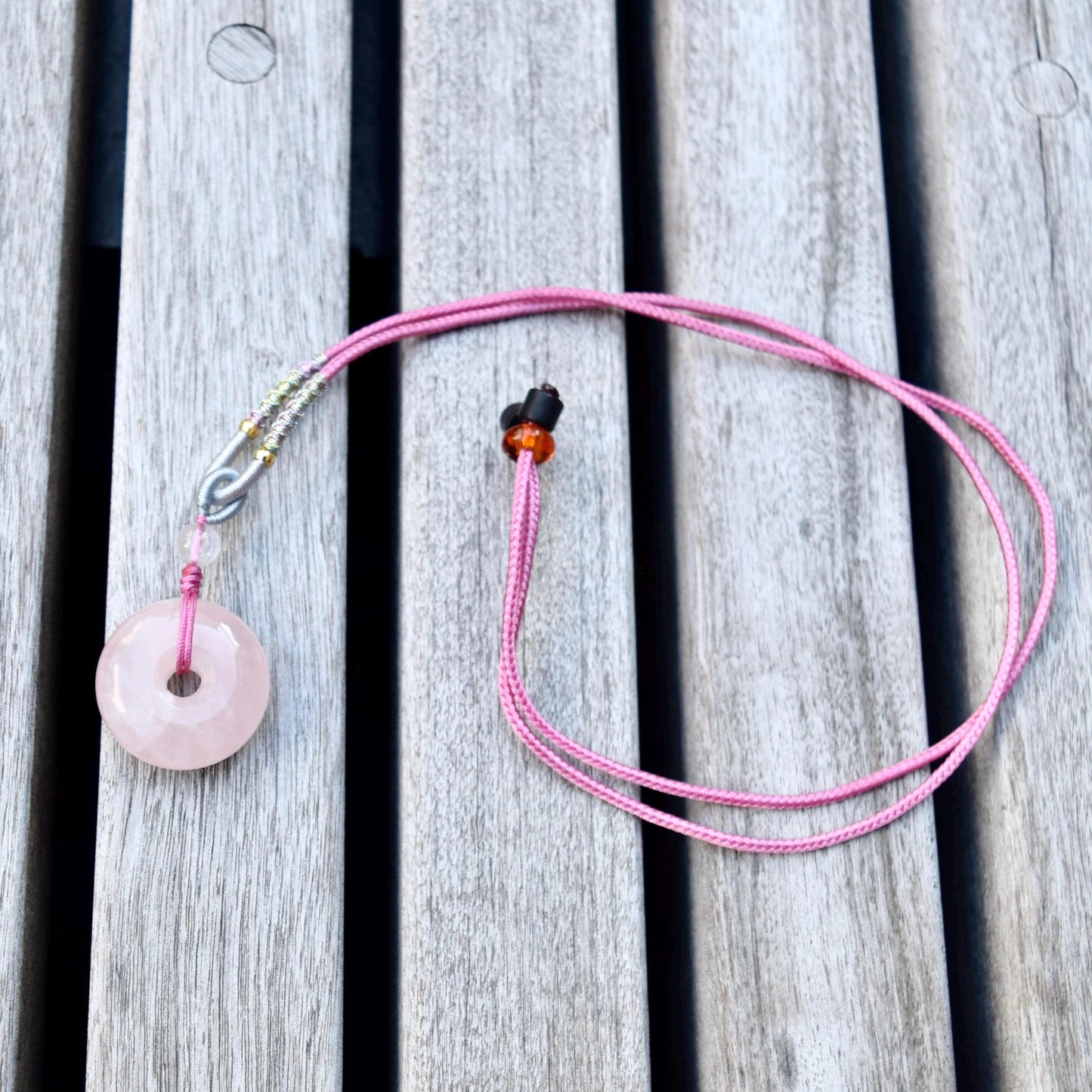 Pink Peace Buckle Rope Necklace - Rose Quartz Crystal Pendant