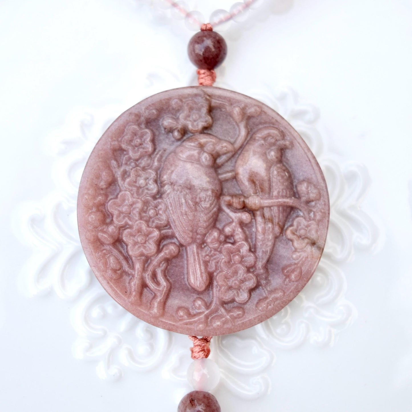 Bird Plum Blossom Jade Necklace - Pink Aventurine Quartz Beaded