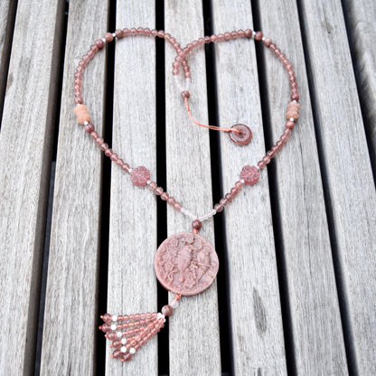Bird Plum Blossom Jade Necklace - Pink Aventurine Quartz Beaded