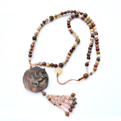 Jasper Unicorn Pendant Tassel Necklace - Colorful Agate Necklace