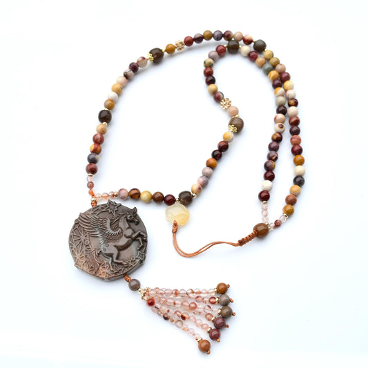 Jasper Unicorn Pendant Tassel Necklace - Colorful Agate Necklace