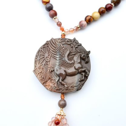 Jasper Unicorn Pendant Tassel Necklace - Colorful Agate Necklace