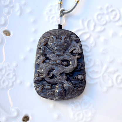 Obsidian Black Silver Dragon Pendant Necklace