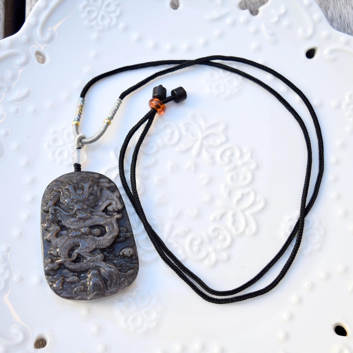 Obsidian Black Silver Dragon Pendant Necklace