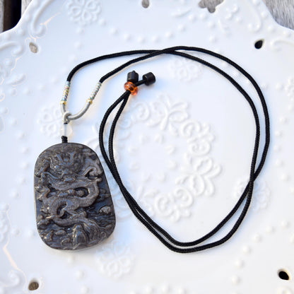Obsidian Black Silver Dragon Pendant Necklace