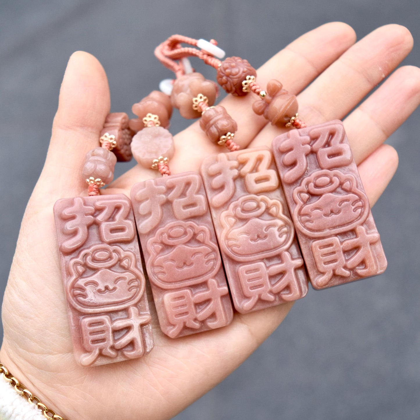 Lucky Cat Ornament - Pink Jade Bag Charm Keychain