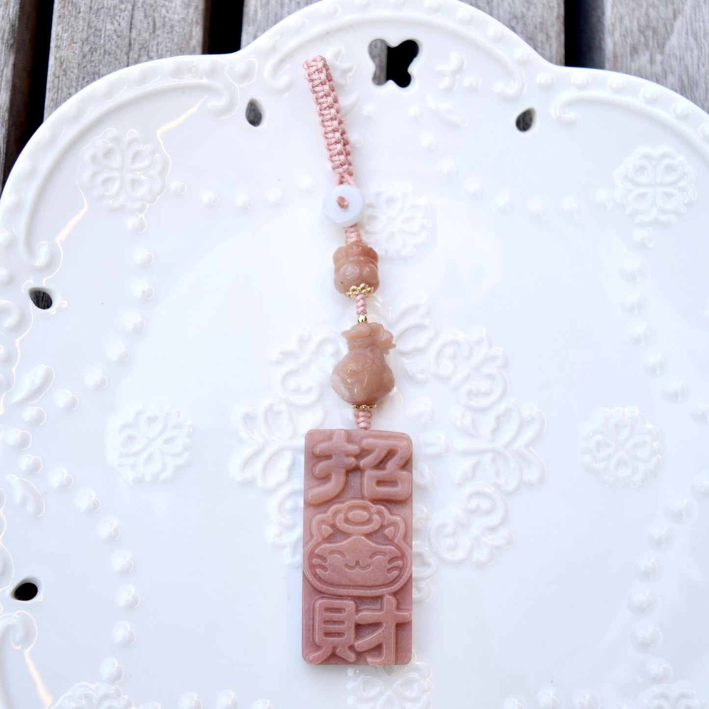 Lucky Cat Daruma Doll Ornament - Pink Jade Bag Charm Keychain